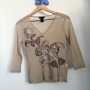 The Limited‎ Medium Sheer Mesh Black Floral Paisley Top Beige Y2K Grunge Boho